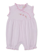 The Baby Girls' CLB Summer Medley Stripe Short Playsuit by Kissy Kissy is a light pink one-piece crafted from soft Pima cotton, designed with short ruffled sleeves and leg cuffs, and adorned with charming pink floral embroidery and embroidered strawberries on the chest.
