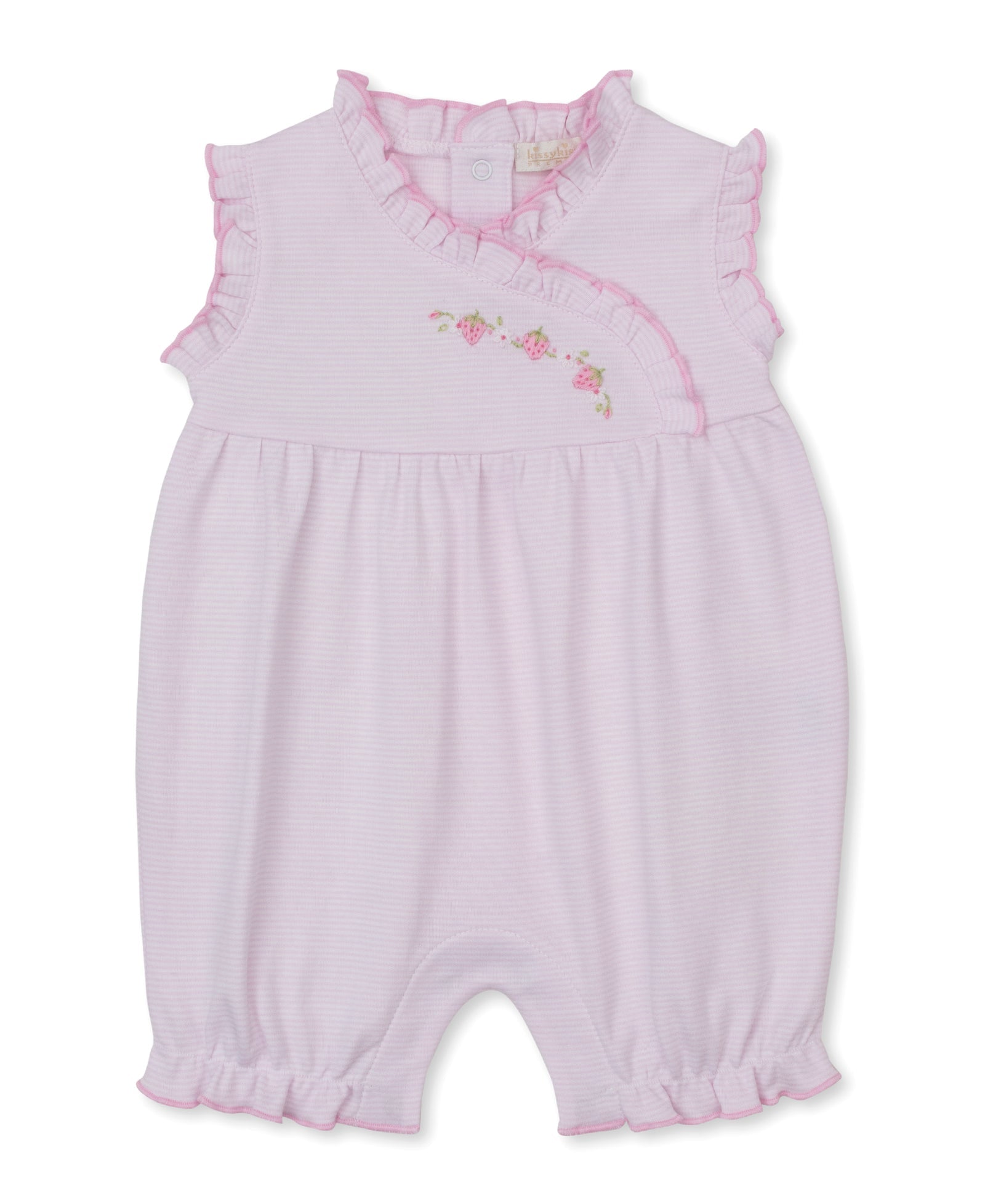 The Baby Girls' CLB Summer Medley Stripe Short Playsuit by Kissy Kissy is a light pink one-piece crafted from soft Pima cotton, designed with short ruffled sleeves and leg cuffs, and adorned with charming pink floral embroidery and embroidered strawberries on the chest.