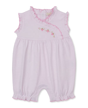 The Baby Girls' CLB Summer Medley Stripe Short Playsuit by Kissy Kissy is a light pink one-piece crafted from soft Pima cotton, designed with short ruffled sleeves and leg cuffs, and adorned with charming pink floral embroidery and embroidered strawberries on the chest.