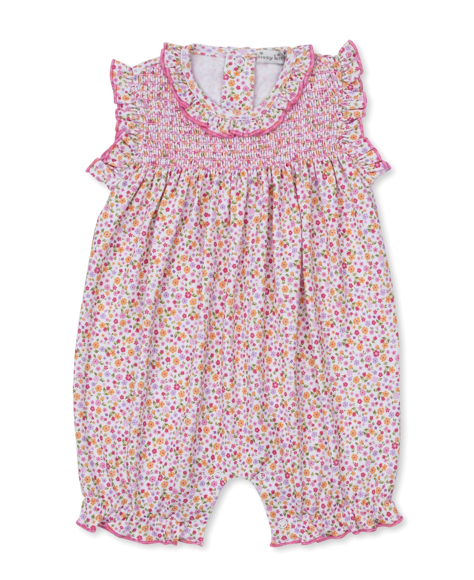 The Kissy Kissy Baby Girls' Blossom Bows Short Playsuit features a charming floral print, smocked bodice, ruffled sleeves, and pink trim. This sleeveless romper offers elastic leg openings and a back button closure for easy changing.