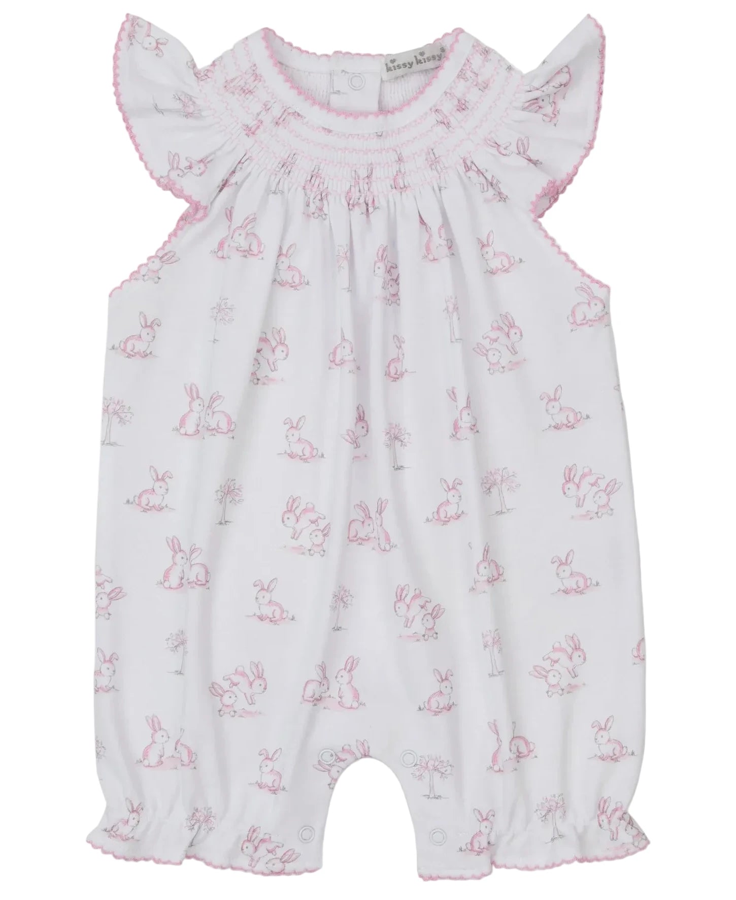 The Kissy Kissy Baby Girls' Springtime Bunny Fun Pink Short Smocked Playsuit features soft Pima cotton, a pink bunny print, ruffled sleeves, a smocked neckline, and delicate pink stitching.