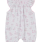 The Kissy Kissy Baby Girls' Springtime Bunny Fun Pink Short Smocked Playsuit features soft Pima cotton, a pink bunny and tree print, flutter sleeves, shirred neckline, and gathered leg cuffs.