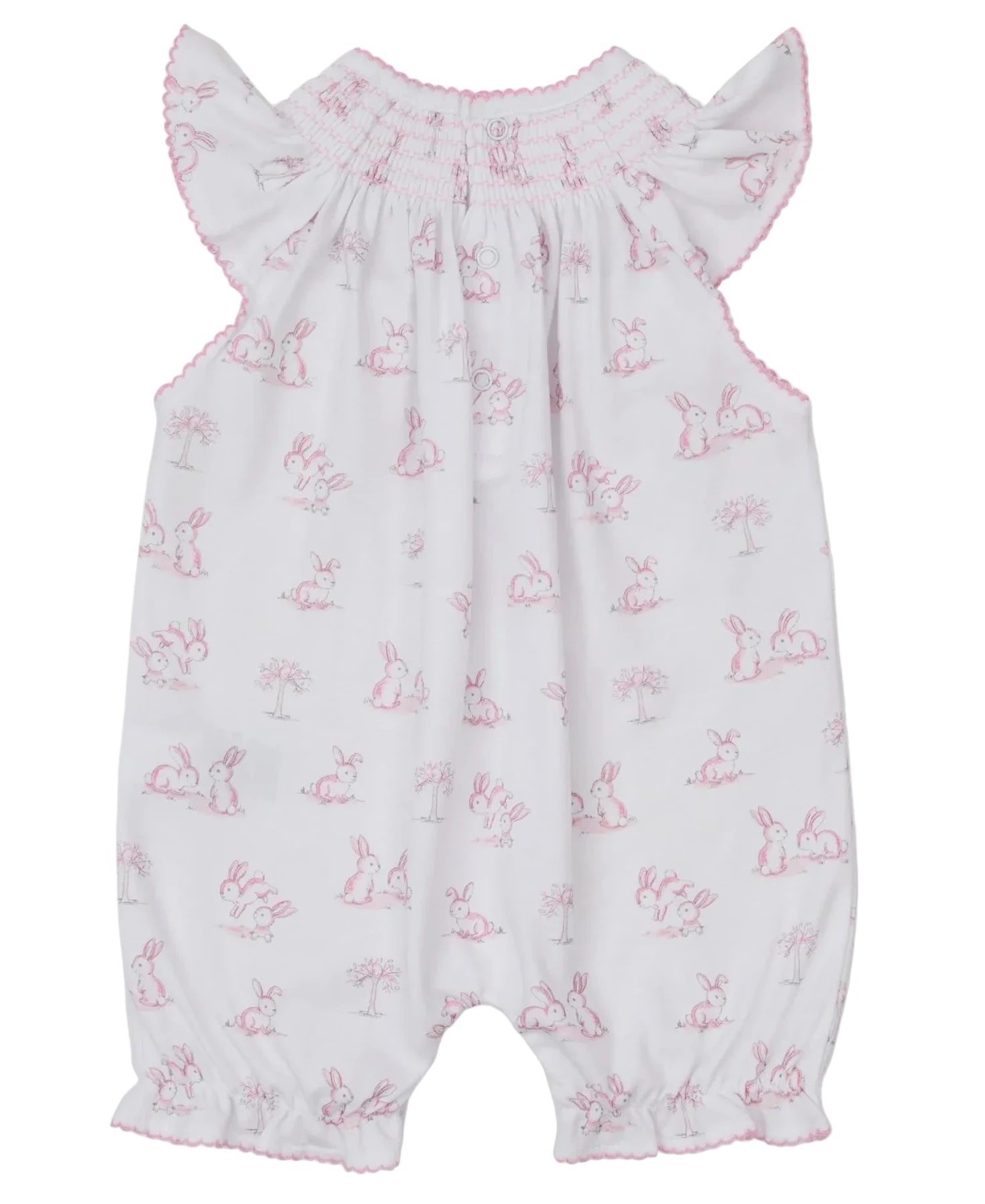 The Kissy Kissy Baby Girls' Springtime Bunny Fun Pink Short Smocked Playsuit features soft Pima cotton, a pink bunny and tree print, flutter sleeves, shirred neckline, and gathered leg cuffs.