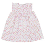 The Girls' Sea Shell Magic Dress by Kissy Kissy is a white sleeveless Pima cotton toddler dress with ruffled shoulders and a pink sea shell print featuring starfish accents.