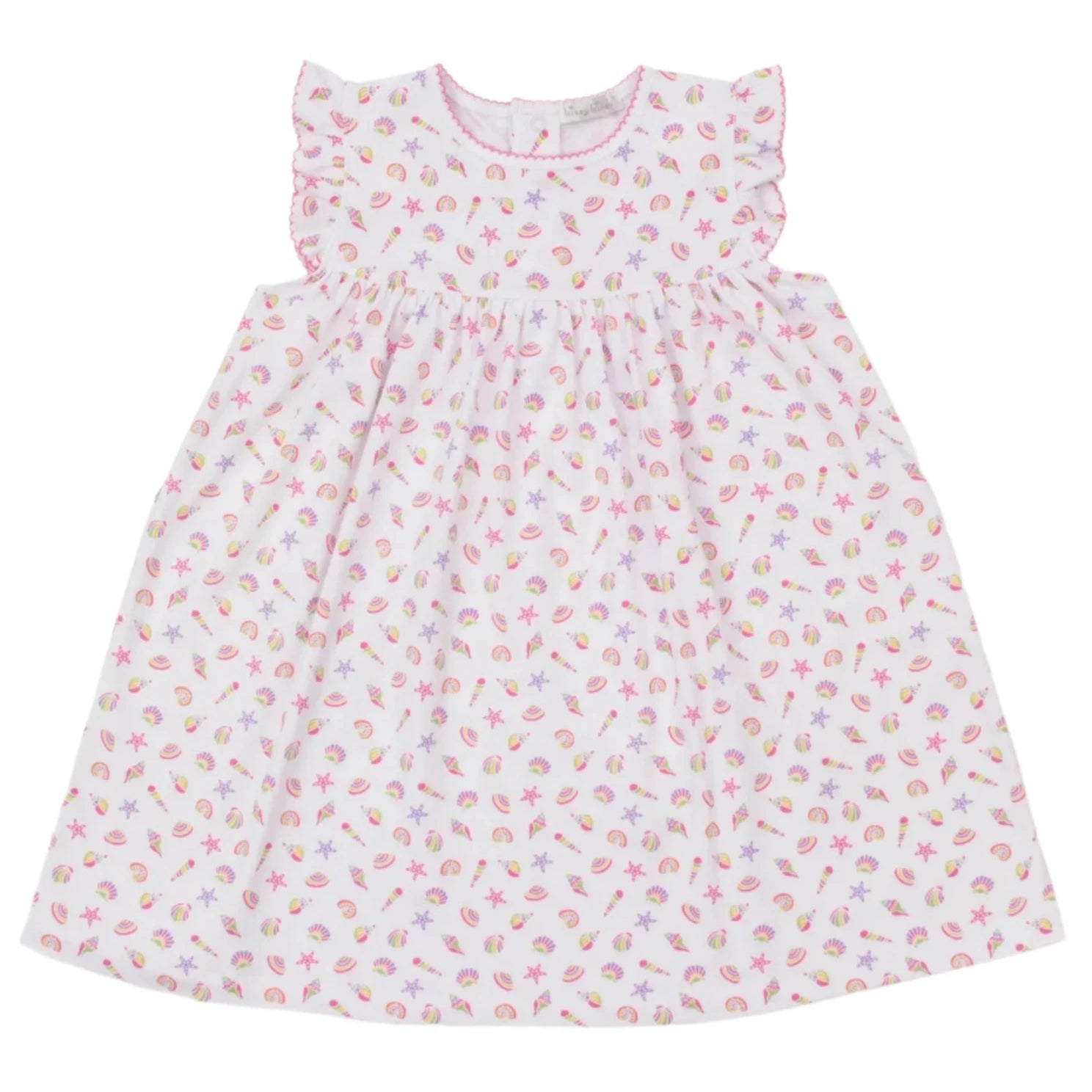 The Girls' Sea Shell Magic Dress by Kissy Kissy is a white sleeveless Pima cotton toddler dress with ruffled shoulders and a pink sea shell print featuring starfish accents.