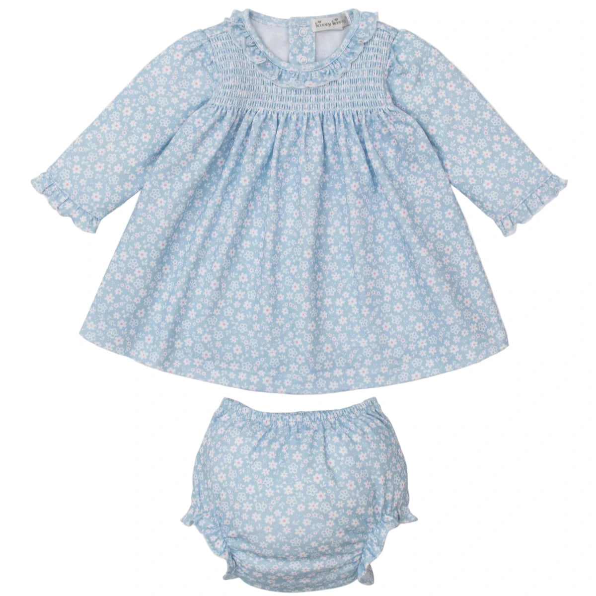 The Kissy Kissy Baby Girls' Fall in Bloom Printed Smocked Dress Set features a light blue long-sleeve Pima cotton dress with a white floral print, ruffled collar and cuffs, plus a coordinating diaper cover.