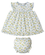 The Kissy Kissy Baby Girls' Woven Dress Set features a matching diaper cover, white fabric with yellow and blue floral print, plus ruffled sleeves and hem.
