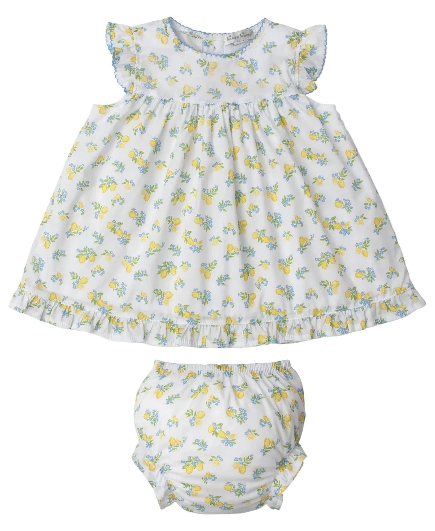 The Kissy Kissy Baby Girls' Woven Dress Set features a matching diaper cover, white fabric with yellow and blue floral print, plus ruffled sleeves and hem.