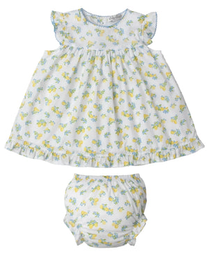 The Kissy Kissy Baby Girls' Woven Dress Set features a matching diaper cover, white fabric with yellow and blue floral print, plus ruffled sleeves and hem.