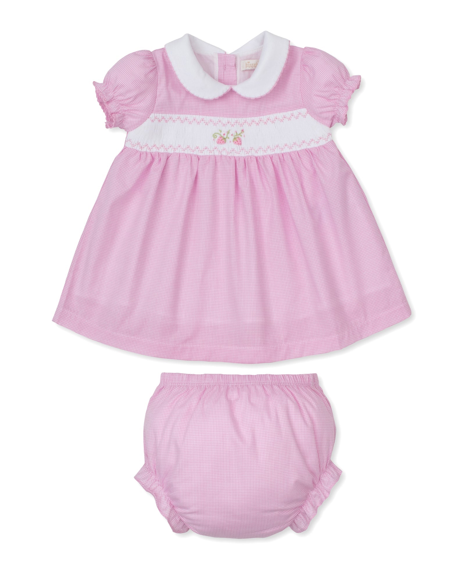The Kissy Kissy Baby Girls' CLB Summer Medley Woven Dress Set features a pink Peruvian cotton baby dress with short puff sleeves, a white Peter Pan collar, delicate hand smocking and embroidered chest detail, complete with matching bloomers, displayed on a white background.