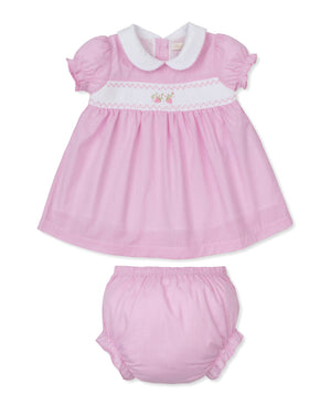 The Kissy Kissy Baby Girls' CLB Summer Medley Woven Dress Set features a pink Peruvian cotton baby dress with short puff sleeves, a white Peter Pan collar, delicate hand smocking and embroidered chest detail, complete with matching bloomers, displayed on a white background.