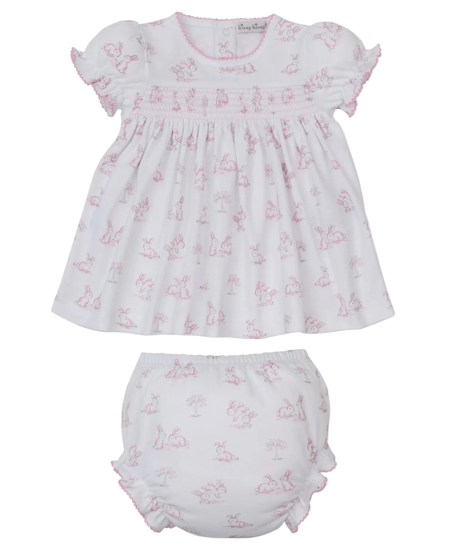 The Kissy Kissy Baby Girls' Springtime Bunny Fun Smocked Dress Set features a white Pima cotton dress with pink bunny print, ruffled edges, and a matching diaper cover—crafted for softness and comfort.
