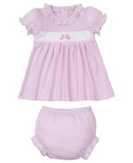 Kissy Kissy Baby Girls' Premier Springtime Bunny Fun Hand Emb. Dress Set: light pink Pima cotton dress with short ruffled sleeves, white chest panel with bunny embroidery, and matching bloomers.