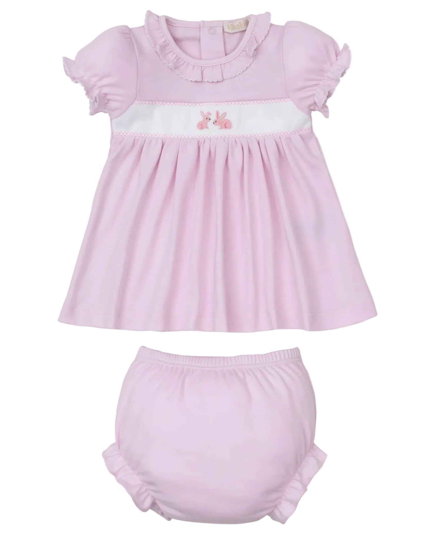 Kissy Kissy Baby Girls' Premier Springtime Bunny Fun Hand Emb. Dress Set: light pink Pima cotton dress with short ruffled sleeves, white chest panel with bunny embroidery, and matching bloomers.