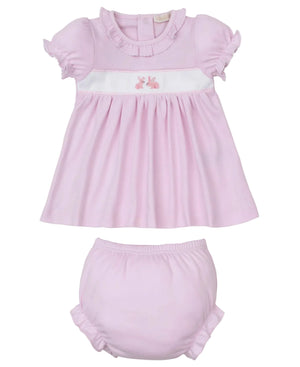 Kissy Kissy Baby Girls' Premier Springtime Bunny Fun Hand Emb. Dress Set: light pink Pima cotton dress with short ruffled sleeves, white chest panel with bunny embroidery, and matching bloomers.