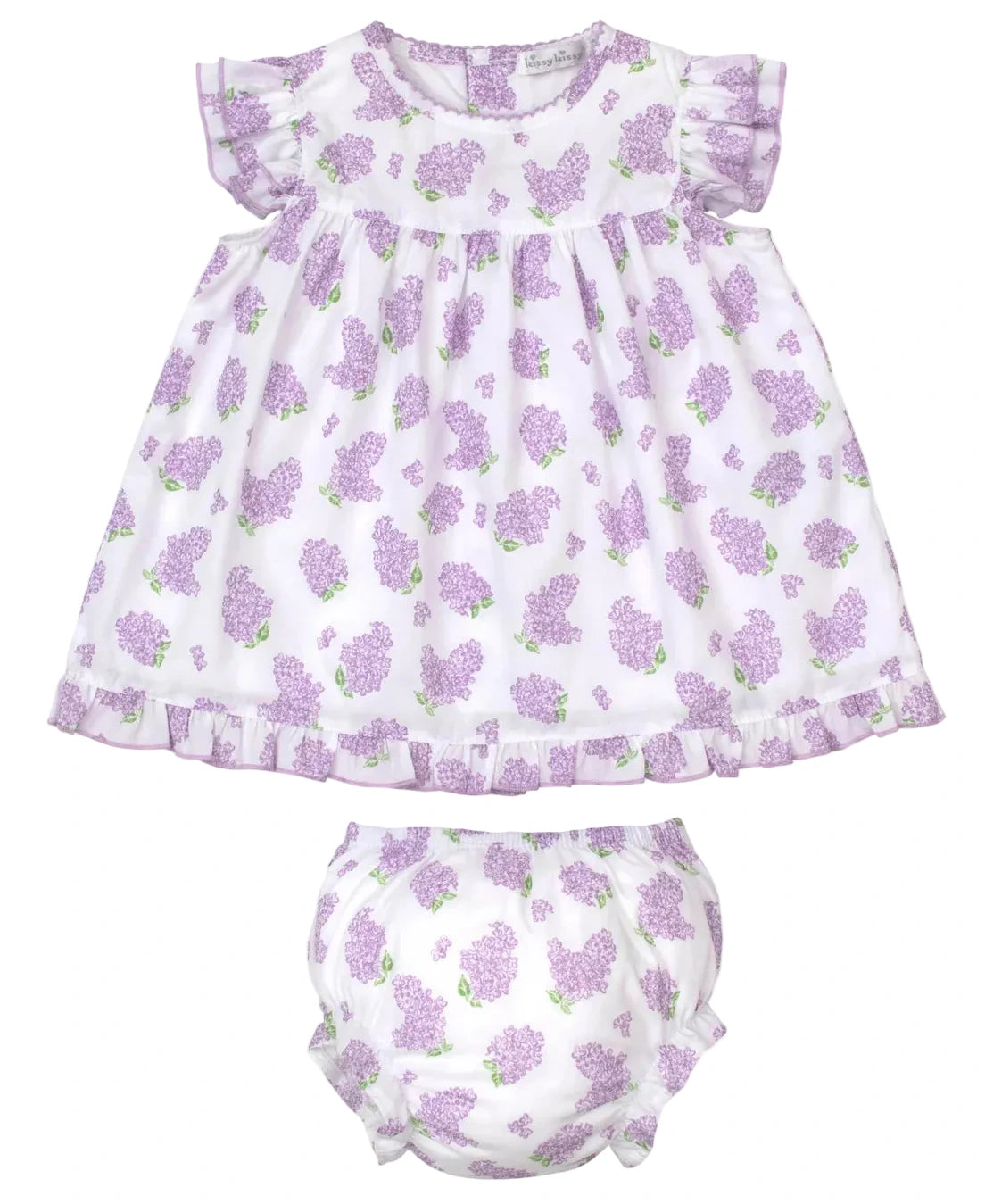 The Kissy Kissy Baby Girls' Woven Dress Set features a Pima cotton dress with lavender floral print, ruffled sleeves and hem, and a matching diaper cover, shown on a white background.