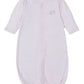 The Kissy Kissy Forest Fun Striped Convertible Gown is a pink, long-sleeved baby sleeper with front buttons, made from soft Pima cotton for comfort, and features a small embroidered chest design.