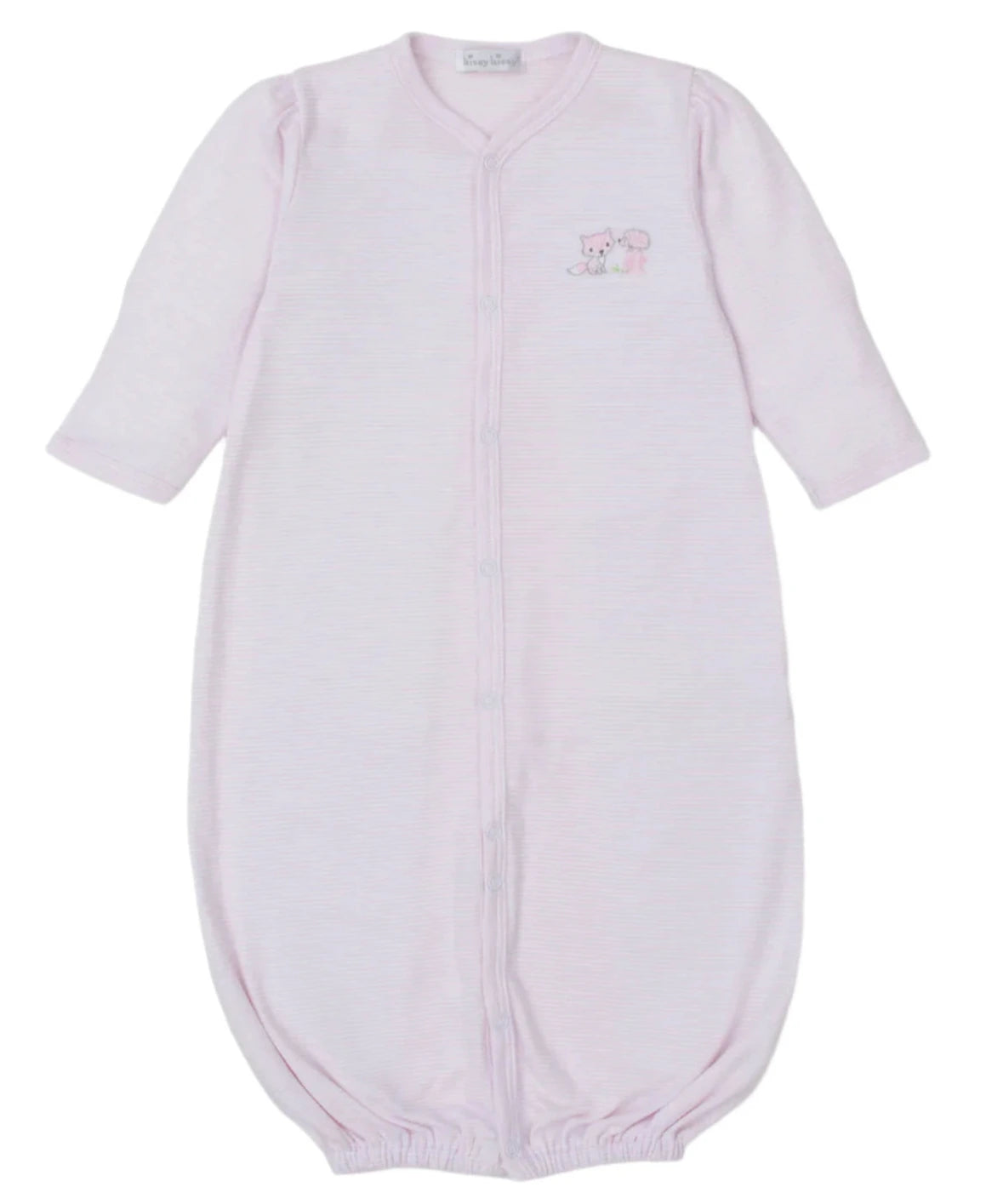 The Kissy Kissy Forest Fun Striped Convertible Gown is a pink, long-sleeved baby sleeper with front buttons, made from soft Pima cotton for comfort, and features a small embroidered chest design.