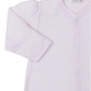 The Kissy Kissy Forest Fun Striped Convertible Gown, made from soft Pima cotton, offers ultimate baby comfort with its light pink design, long sleeves, and front snap buttons.