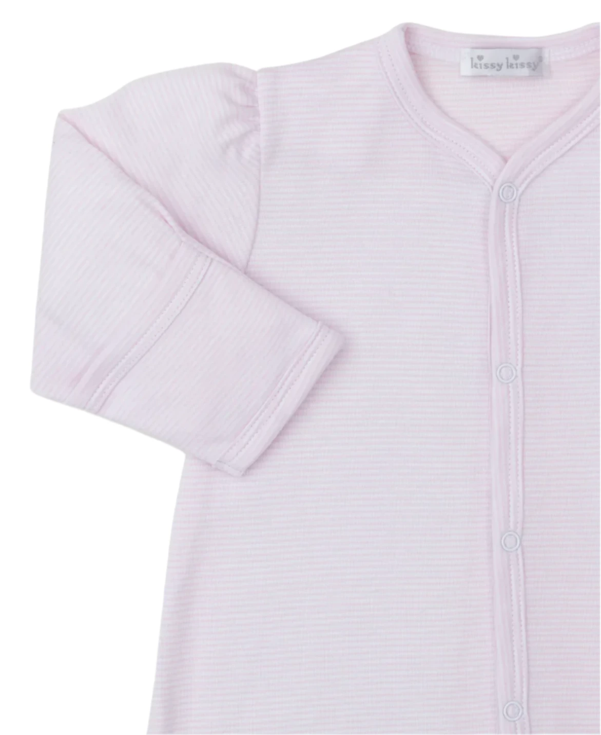 The Kissy Kissy Forest Fun Striped Convertible Gown, made from soft Pima cotton, offers ultimate baby comfort with its light pink design, long sleeves, and front snap buttons.