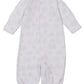 The Kissy Kissy Baby Cheerful Goodnight Convertible Gown is a white, ultra-soft Pima cotton sleeper with light pink animal and sun prints, long sleeves, elastic cuffs, front snaps, and can be worn as a gown for cozy comfort.