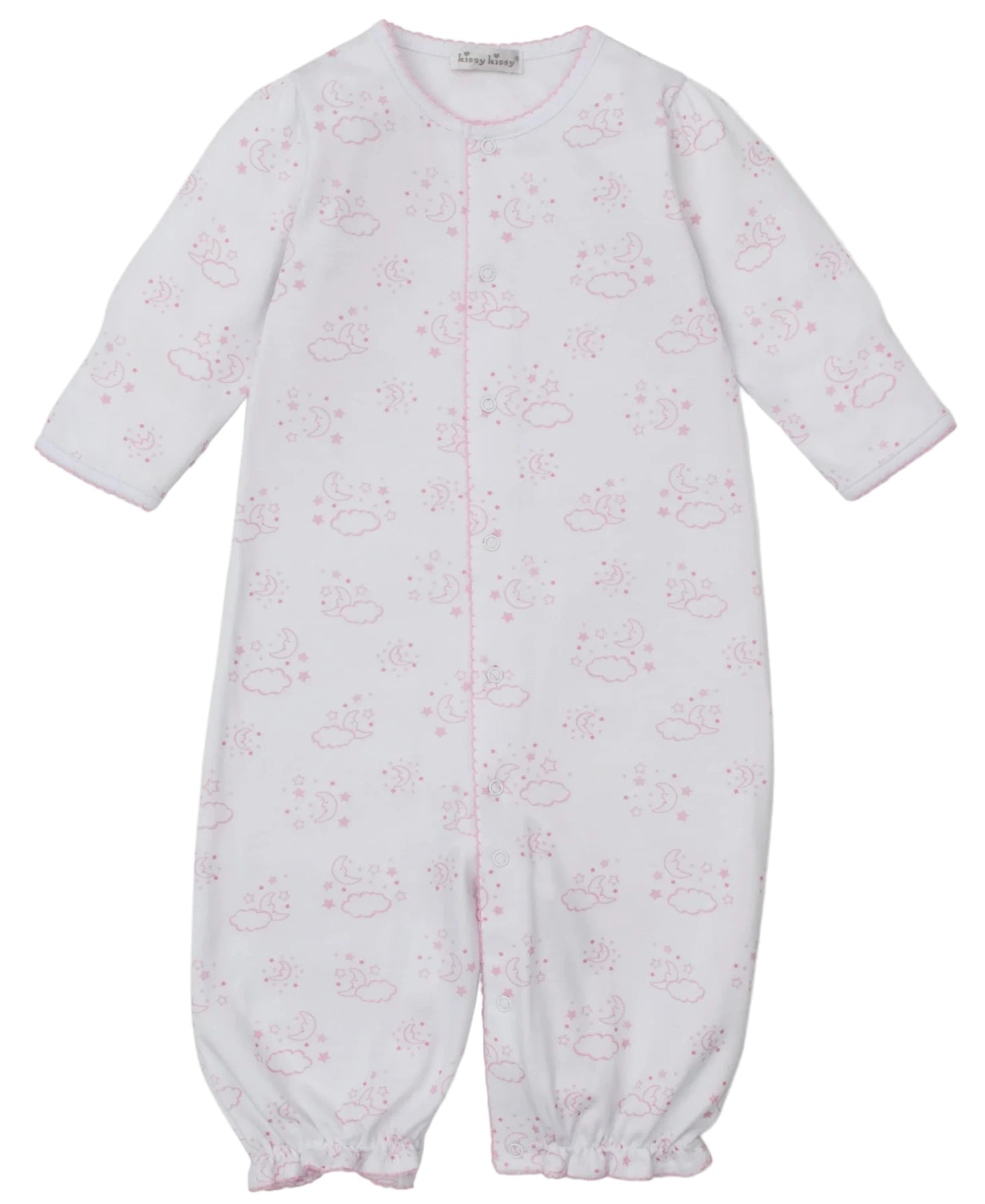 The Kissy Kissy Baby Cheerful Goodnight Convertible Gown is a white, ultra-soft Pima cotton sleeper with light pink animal and sun prints, long sleeves, elastic cuffs, front snaps, and can be worn as a gown for cozy comfort.