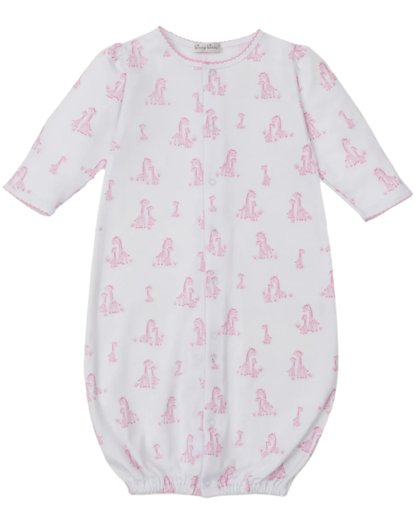 The Kissy Kissy Baby' Giraffe Grace Convertible Gown is a white, long-sleeve infant gown made from soft Pima cotton with a pink giraffe print and an elasticized hem.