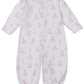 The Kissy Kissy "Baby' Giraffe Grace Convertible Gown" features soft white Pima cotton, long sleeves, a pink giraffe print, front snaps, and elasticized ankle cuffs.