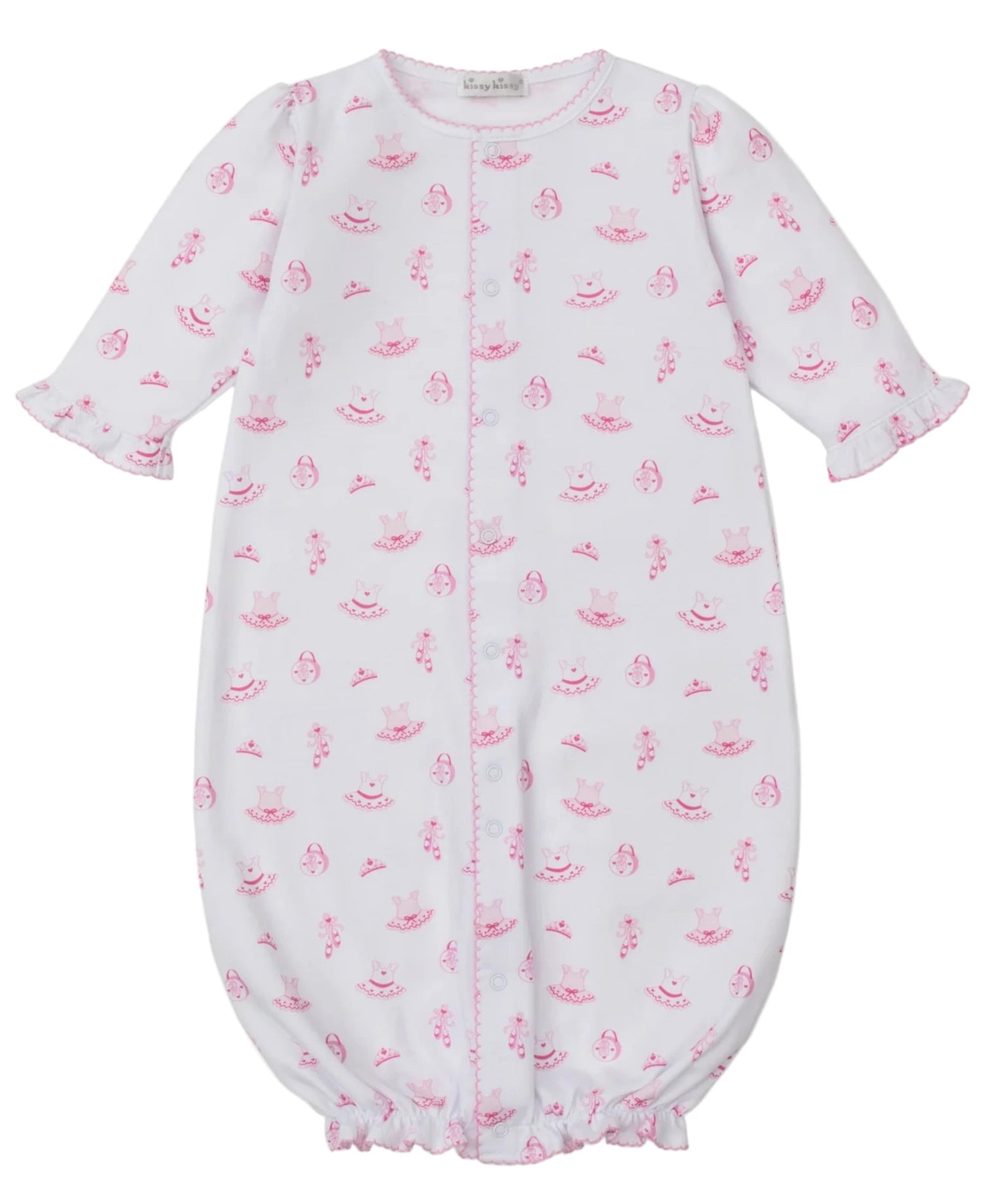 The Baby Girls' Ready to Dance Convertible Gown by Kissy Kissy features long sleeves, pink ruffle trim, an allover pink floral and umbrella print, front snaps, elasticized hem, and is made from soft Pima cotton.