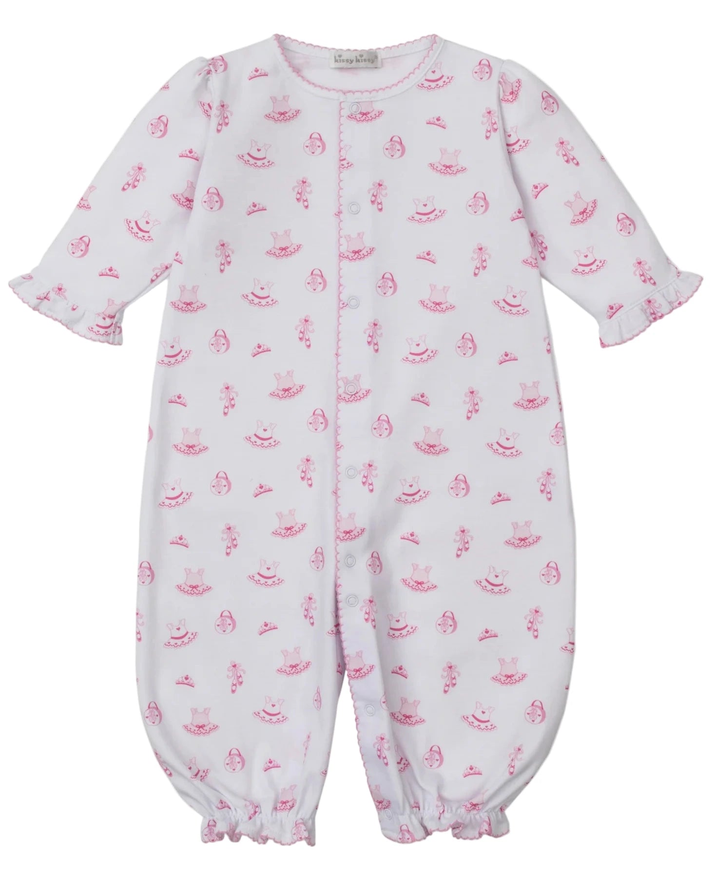 The Kissy Kissy Baby Girls' Ready to Dance Convertible Gown features long sleeves, a pink nautical-themed print, ruffled cuffs, pink stitching, and ultra-soft Pima cotton for cozy comfort.