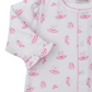 Close-up of the Kissy Kissy Baby Girls' Ready to Dance Convertible Gown in white with pink trim, featuring ballet slippers, tutus, tiaras, and handbags—crafted from soft Pima cotton for comfort.
