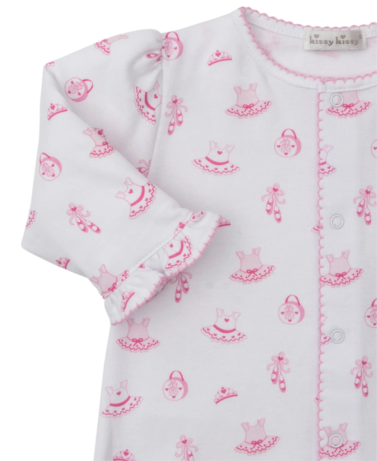 Close-up of the Kissy Kissy Baby Girls' Ready to Dance Convertible Gown in white with pink trim, featuring ballet slippers, tutus, tiaras, and handbags—crafted from soft Pima cotton for comfort.