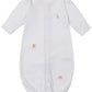The Kissy Kissy Baby' Safari Wild Hand Emb. Convertible Gown is crafted from soft Peruvian cotton, features long sleeves, pink trim, and hand embroidery with a giraffe, lion, and elephant safari design.