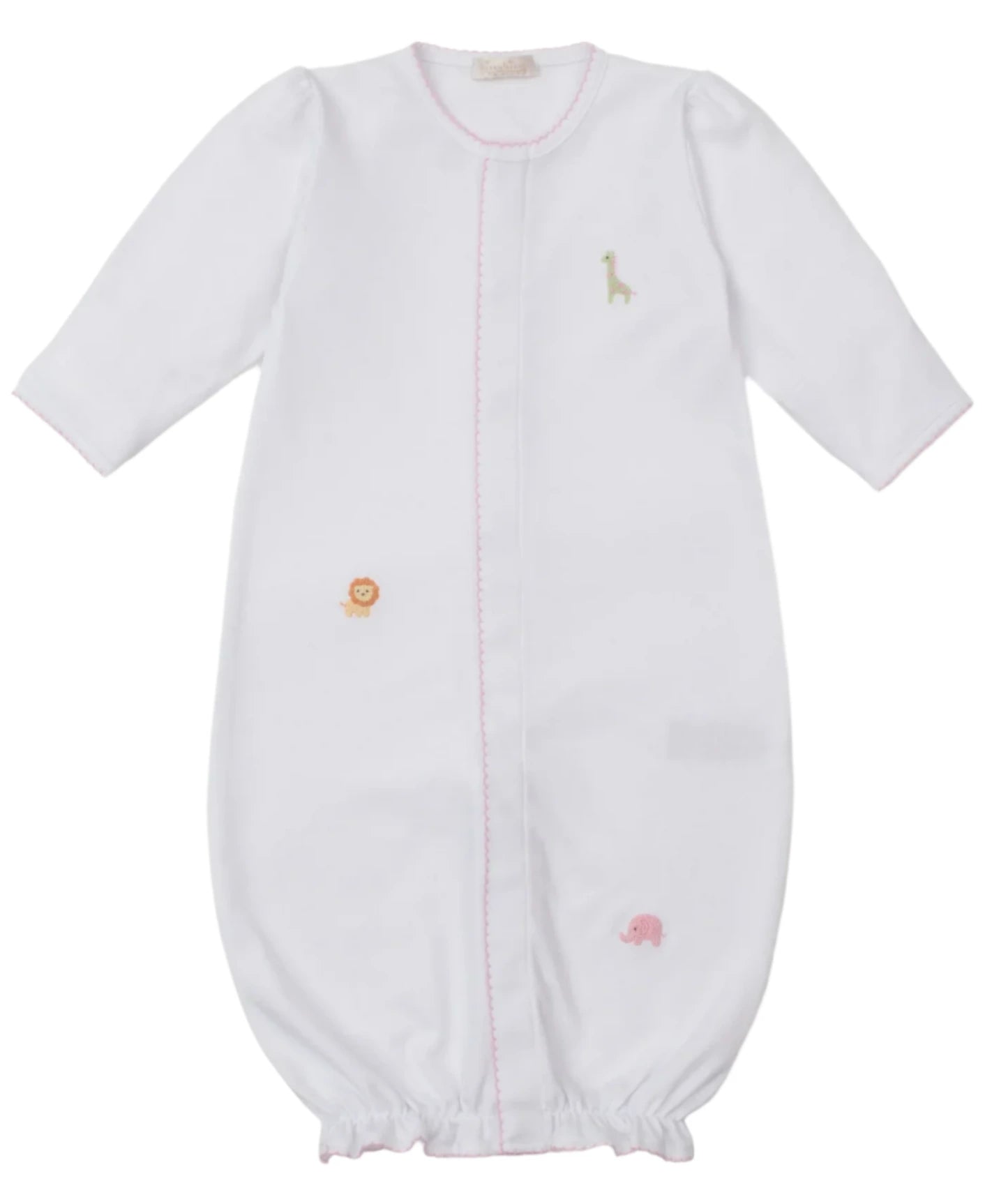 The Kissy Kissy Baby' Safari Wild Hand Emb. Convertible Gown is crafted from soft Peruvian cotton, features long sleeves, pink trim, and hand embroidery with a giraffe, lion, and elephant safari design.