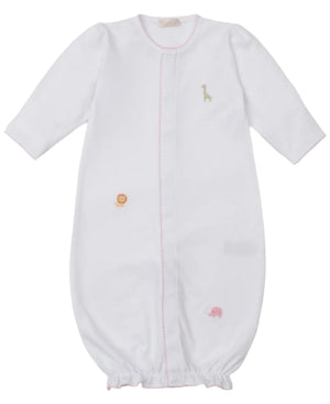 The Kissy Kissy Baby' Safari Wild Hand Emb. Convertible Gown is crafted from soft Peruvian cotton, features long sleeves, pink trim, and hand embroidery with a giraffe, lion, and elephant safari design.