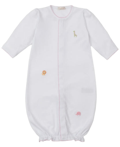 The Kissy Kissy Baby' Safari Wild Hand Emb. Convertible Gown is crafted from soft Peruvian cotton, features long sleeves, pink trim, and hand embroidery with a giraffe, lion, and elephant safari design.