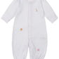 The Kissy Kissy Baby' Safari Wild Hand Emb. Convertible Gown is made from soft Peruvian cotton, features pink trim, and showcases hand-embroidered safari animals (giraffe, lion, elephant) on the front.