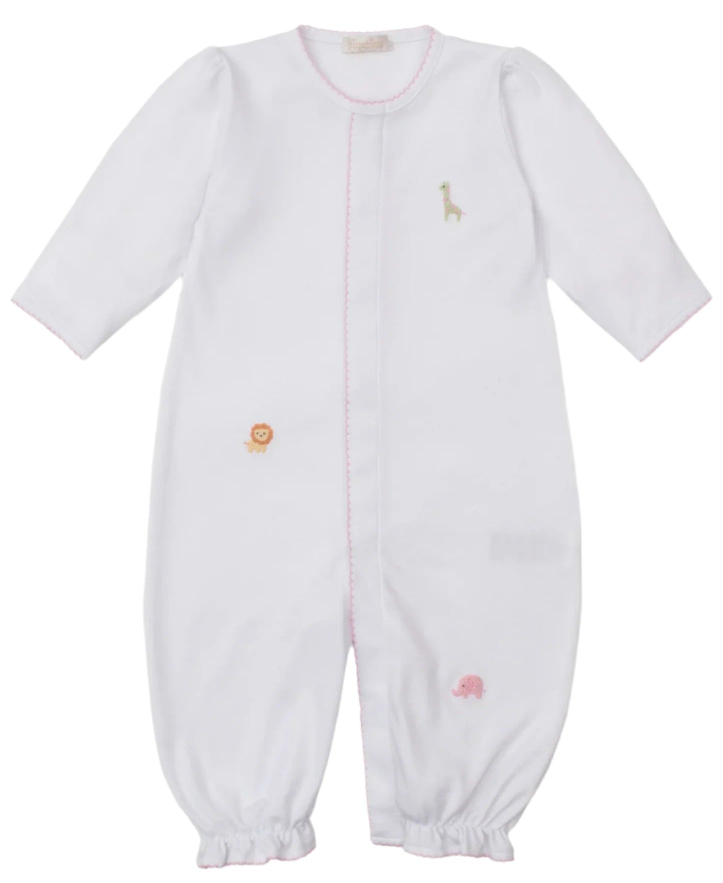 The Kissy Kissy Baby' Safari Wild Hand Emb. Convertible Gown is made from soft Peruvian cotton, features pink trim, and showcases hand-embroidered safari animals (giraffe, lion, elephant) on the front.