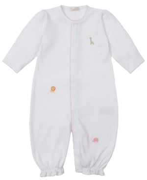 The Kissy Kissy Baby' Safari Wild Hand Emb. Convertible Gown is made from soft Peruvian cotton, features pink trim, and showcases hand-embroidered safari animals (giraffe, lion, elephant) on the front.