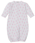 The Kissy Kissy Baby Teddy Bear Time Convertible Gown is a white Pima cotton gown with long sleeves, pink teddy bear print, and an elastic bottom.