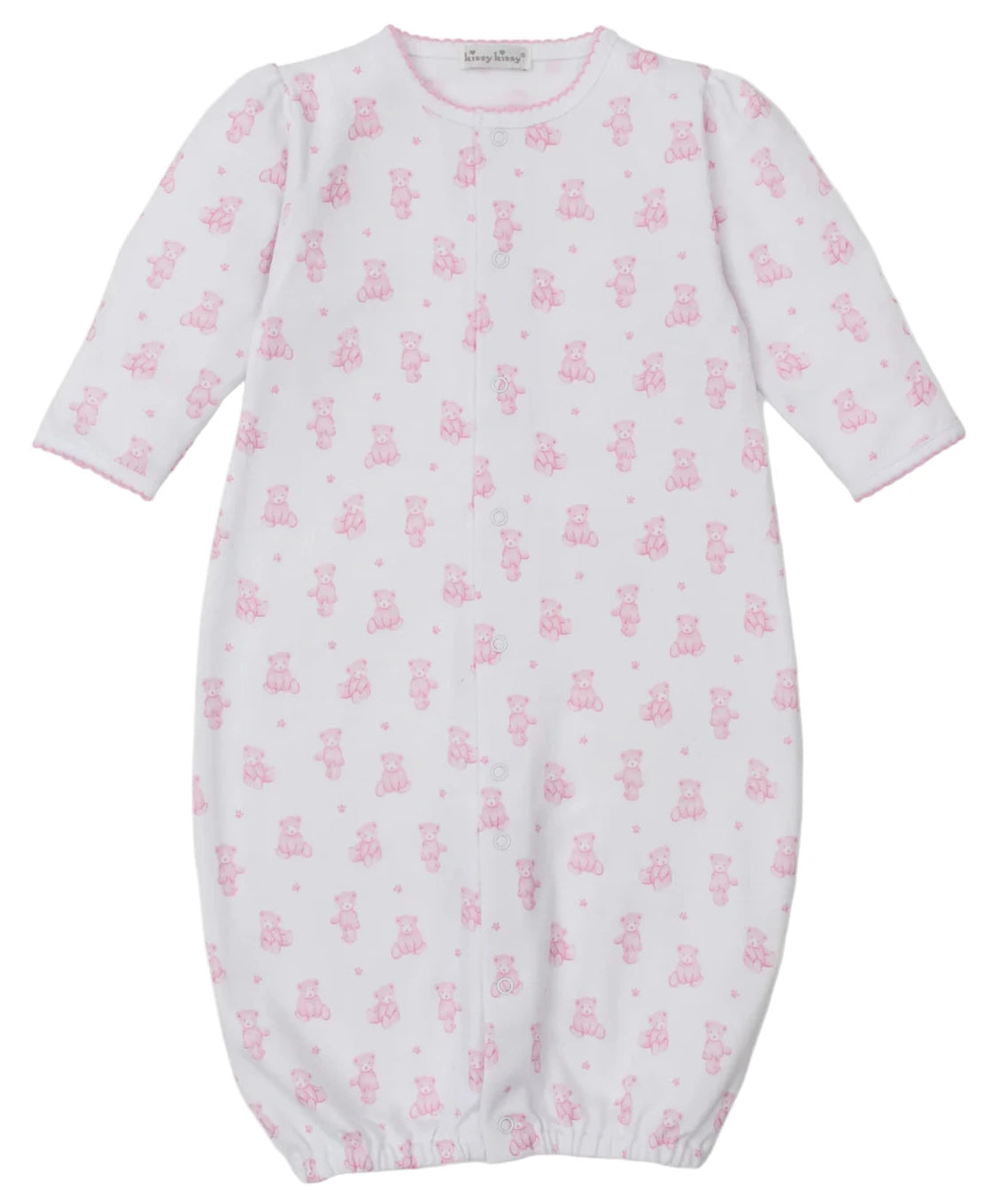 The Kissy Kissy Baby Teddy Bear Time Convertible Gown is a white Pima cotton gown with long sleeves, pink teddy bear print, and an elastic bottom.