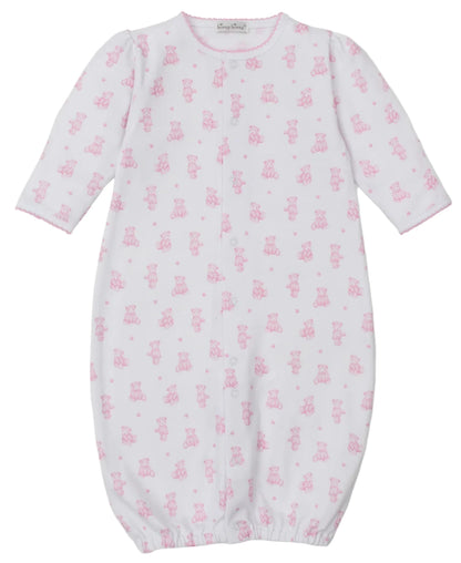 The Kissy Kissy Baby Teddy Bear Time Convertible Gown is a white Pima cotton gown with long sleeves, pink teddy bear print, and an elastic bottom.
