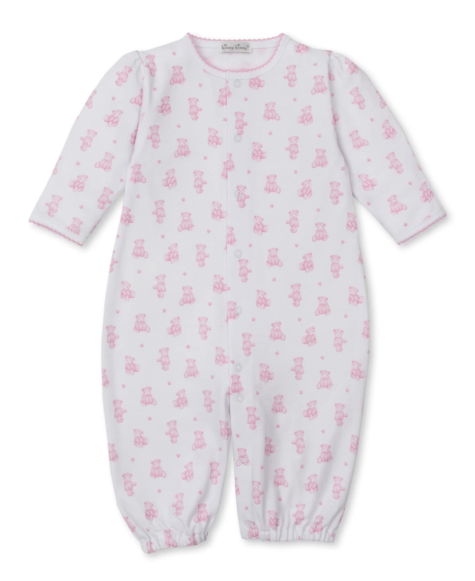 The Kissy Kissy Baby Teddy Bear Time Convertible Gown is a long-sleeve white Pima cotton gown featuring pink teddy bear print and elasticized cuffs and ankles, shown laid flat on a white background.