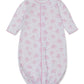The Kissy Kissy Baby Sweet Sheep Convertible Gown is a long-sleeved white Pima cotton outfit adorned with a charming pink sheep print, featuring a gathered elastic hem and convenient front snap closure.