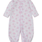 Introducing the Kissy Kissy Baby Sweet Sheep Convertible Gown: an ultra-soft Pima cotton infant sleeper in white, adorned with a pink floral pattern. Designed with front snap closures and elastic cuffs at the wrists and ankles, this long-sleeve, footless gown offers both comfort and convenience for your little one.
