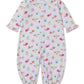 The Kissy Kissy Baby Ocean Antics Convertible Gown is a white long-sleeve baby romper made from soft Pima cotton. It features a playful pink ocean antics print with sea creatures and flowers, ruffled cuffs, and elasticized ankles. Shown here, the adorable converter gown is displayed flat on a plain background.