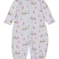 The Kissy Kissy Baby Golf Championship Convertible Gown features long sleeves, a snap-front closure, and playful pink and green cartoon animal, flower, and car prints with pink trim.