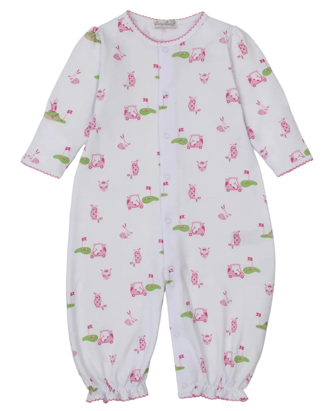The Kissy Kissy Baby Golf Championship Convertible Gown features long sleeves, a snap-front closure, and playful pink and green cartoon animal, flower, and car prints with pink trim.