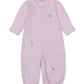 Here is the rewritten sentence using your product data: The Kissy Kissy Baby SCE Safari Party Striped Convertible Gown is a light pink, long-sleeve romper made from soft Peruvian cotton, featuring elastic cuffs and small embroidered safari animals—including a giraffe, elephant, and zebra—on the front.