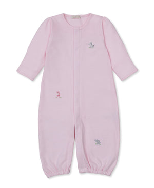 Here is the rewritten sentence using your product data: The Kissy Kissy Baby SCE Safari Party Striped Convertible Gown is a light pink, long-sleeve romper made from soft Peruvian cotton, featuring elastic cuffs and small embroidered safari animals—including a giraffe, elephant, and zebra—on the front.